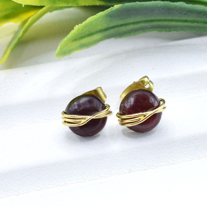 Garnet Round Wire Wrapped <b>Stud</b> <b>Earrings</b> 8mm | Handmade Brass And Silver Red Gemstone <b>Studs</b> | January Birthstone <b>Crystal</b> Jewelry - Product Image 3
