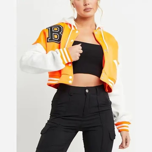 Orange White Letter B Hooded Varsity Jacket Crop <b>Top</b> <b>Preppy</b> Style Slim Fit Short Length Polyester Cotton Material - Product Image 5