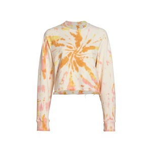 เสื้อครอปสเวตเชิ้ตผู้หญิงลายมัดย้อมสีส้มชมพู ลายวนเกลียว ขอบดิบ คอกลม ไหล่ตก เสื้อพูลโอเวอร์ผ้าฝ้ายสำหรับผู้หญิง รับผลิตแบบ OEM - Product Image 1