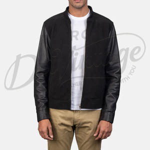Chaqueta bomber de gamuza negra para hombre con mangas de cuero genuino, estilo híbrido ajustado, estilo motociclista, con cremallera, estilo universitario. - Product Image 1