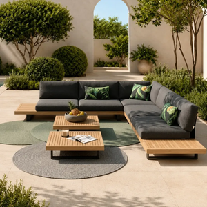 Elegant <b>Teak</b> <b>Wood</b> Outdoor Sofa Set with Charcoal Cushions Slatted Coffee Tables and Tropical Garden Patio <b>Furniture</b> - Product Image 1