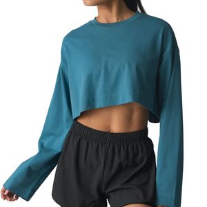 Top Corto de Manga Larga para Mujer, Sudadera Informal para Gimnasio, Ejercicio, Fitness, Ropa Deportiva Holgada, Top Suave, Logotipo Personalizado OEM, Venta al Por Mayor - Product Image 3