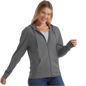Sweat-shirt gris à capuche zippé pour femme, manches longues, couleur unie, tricoté, respirant, hiver, 100% coton, ODM Front - Product Image 1