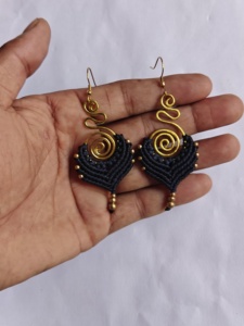 Handmade <b>Black</b> Macrame <b>Earrings</b> Gold Spiral Wire <b>Dangle</b> Boho Ethnic Jewelry Women Statement <b>Earrings</b> - Product Image 2