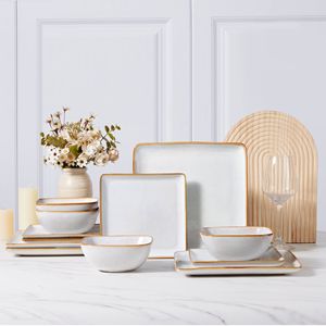Set di Stoviglie Quadrate 4 Pezzi, 12 Ciotole e Piatti in Gres, Piatti Coupe con Smalto Reattivo Fatto a Mano - Product Image 1