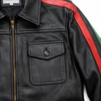 Veste en cuir véritable unisexe noire avec manches rayées rouge et vert, 4 poches, fermeture éclair, style trucker vintage, vêtement d'extérieur, logo personnalisé O