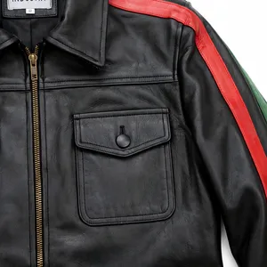Veste en cuir véritable unisexe noire avec manches rayées rouge et vert, 4 poches, fermeture éclair, style trucker vintage, vêtement d'extérieur, logo personnalisé O - Product Image 6