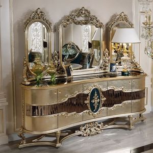 Royal Luxury Solid Teak Wood Console Table Triple <b>Wall</b> <b>Mirror</b> <b>Set</b> Gold Carved Sideboard Cabinet Living Room Buffet Furniture - Product Image 1