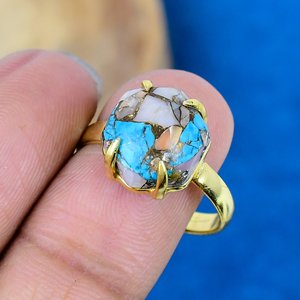 Natural Pink Opal Copper Turquoise Hexagon Shape Gemstone <b>Ring</b> 18k Gold Micron Over <b>925</b> Sterling <b>Silver</b> - Product Image 3