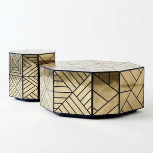 Mesa de Centro Geométrica con Incrustaciones de Hueso, Redonda, de Resina Azul con Base de Metal Dorado, Mueble de Lujo para Sala de Estar - Product Image 2