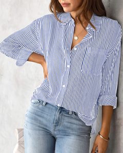 Camisa informal vintage 100% algodón para mujer, a rayas, manga larga, holgada, con bolsillo y botones - Product Image 5