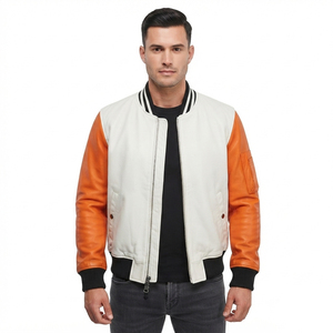 Blouson Bomber en Cuir Entièrement Zippé pour Homme avec Poches Latérales, Blouson Bomber en Cuir à Col Rond pour Homme - Product Image 6