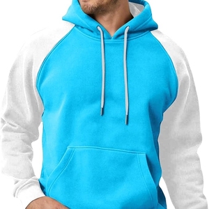 Sweat-shirt à capuche pour homme, manches raglan, couleur unie, polaire, style décontracté, coupe classique, tricoté, bleu, manches blanches - Product Image 5