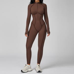 Women Solid Color Seamless Full Length Sports <b>Bodysuit</b> With Contrast Stitch Turtleneck Long Sleeve Gym Wear - Product Image 3