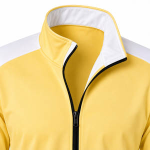 Blouson de sport jaune pour homme avec blocs de couleur blancs, col montant, fermeture éclair, en polyester tricoté respirant, idéal pour l'automne - Product Image 3