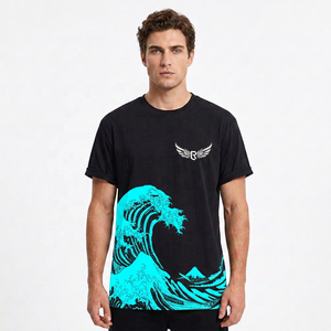 Men's Black <b>T</b>-<b>Shirt</b> With Great Wave Print Short Sleeve O-Neck Casual Jersey Cotton Regular Fit Breathable Design - Product Image 5