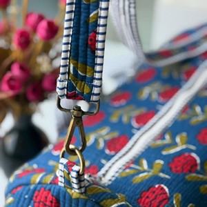 Blue Corduroy Duffle <b>Bag</b> With Red Floral Pattern Zipper Closure Weekender Travel <b>Bag</b> Portable Design - Product Image 5