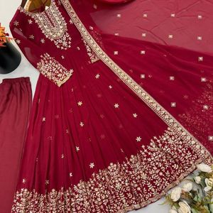 Women's Heavy Georgette Embroidered <b>Sequin</b> Gown Set with <b>Pant</b> and Dupatta Ready to Wear Festive Ethnic Wear - Product Image 5