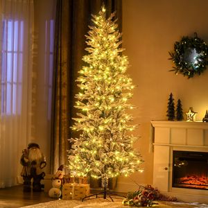 7.5FT Pre-Lit Christmas <b>Tree</b> with Warm Yellow Clear <b>Lights</b> Flocked Snow Branches Auto Open Extra Bulb 210 cm (8m) in Size - Product Image 2