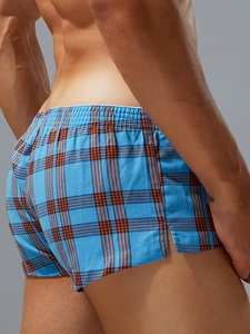 Men's Plaid Knitted Boxer Shorts Breathable Cotton Underwear Low-Rise Lounge Wear with Waist Logo Blue - Product Image 6