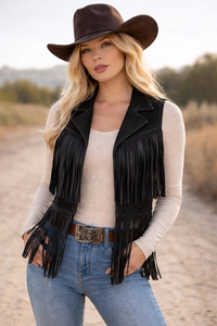 Chaleco de cuero genuino negro para mujer, con flecos, cuello con muescas, sin mangas, ropa exterior informal - Product Image 3