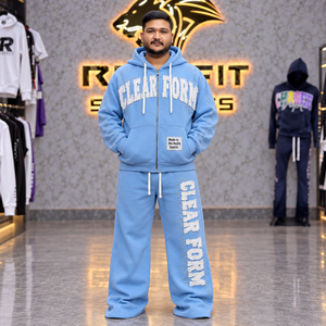 Rexfit Sports Sky Blue Zip Hoodie Wide Leg Sweatpants Men's <b>Applique</b> <b>Letter</b> Rhinestone Detail Heavy Fleece Streetwear Winter Set - Product Image 1