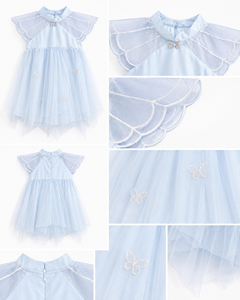 Vestido de Tul Azul Claro para Niña con Bordado de Mariposas, Manga de Pétalo, Corte en A, Largo hasta la Rodilla, Estilo Dulce, Vestido de Primavera - Product Image 3
