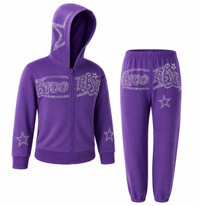 Survêtements unisexes à strass, coupe ample, sweat à capuche et pantalon évasé, pour hommes, entièrement ornés de pierres, 100% coton, épais, OEM - Product Image 5