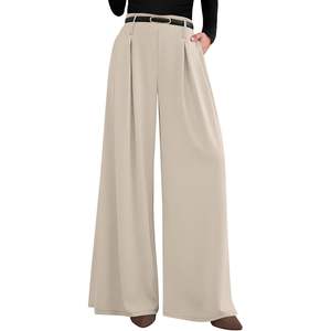 Pantalones de trabajo personalizados para mujer, otoño 2026, de cintura alta elástica, pierna ancha, plisados, largos, fluidos, estilo palazzo, con efecto arrugado - Product Image 4