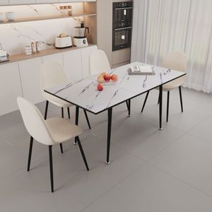Tavolo da Pranzo Moderno Estensibile in MDF da 47-63 Pollici con Set di Sedie per 2-6 Persone, Tavolo Bianco con Tessuto Beige, Elegante Arredo Sala da Pranzo - Product Image 2