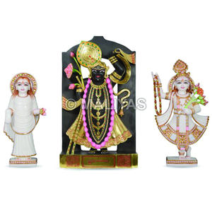 Murti de Shrinathji en Mármol con Yamuna Ji y Mahaprabhu |   Conjunto de Ídolos de Mármol Hechos a Mano - MALIYAS - Product Image 1