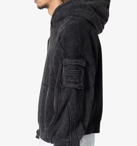 Sudadera con Capucha de Felpa para Hombre, Estilo Cargo, Oversize, Corte Regular, Tejido Grueso, Lavado Ácido, Vintage, Transpirable, para Invierno - Product Image 3