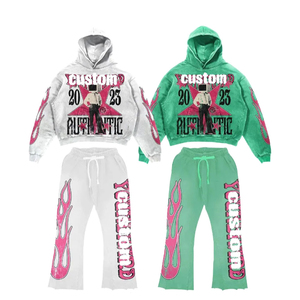Ensemble de survêtement authentique personnalisé, sweat-shirt à capuche, pantalon évasé, imprimé flamme rose, streetwear unisexe adulte, printemps - Product Image 1