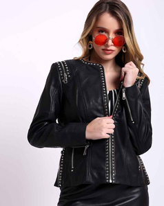 Blouson en cuir noir pour femme, style motard, avec rivets, manches longues, fermeture éclair, coupe courte, couleur unie, collection Printemps, faible MOQ, vente en gros 2026 - Product Image 3
