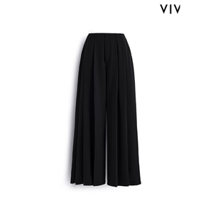 กางเกงขายาวทรงตรงเอวสูงสำหรับผู้หญิง รุ่น VIV จีบพลีท สีดำล้วน ทรงเรียบง่าย ใส่สบาย ผ้าเครป ยับยาก สไตล์ลำลองสำหรับฤดูใบไม้ผลิ - Product Image 1