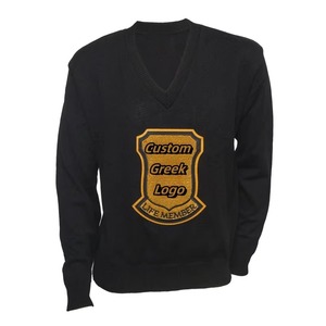 Wholesale Custom Greek Life <b>Men's</b> Wool Blend Knit Sweater V Neck Patchwork Pattern Custom Logo Front Sorority Fraternity - Product Image 1