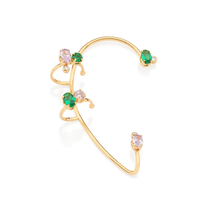 Trendy Gold Plated Cuff <b>Earrings</b> With Emerald And Pink Stones Geometric Design For Women Party Jewelry - Product Image 1