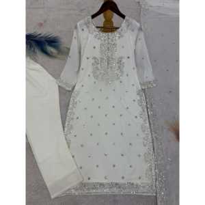 Conjunto de Ropa Blanca de Diseñador HK para Mujer, Talla L, Estilo Indio y Pakistaní, con Bordado y Lentejuelas, Incluye Top, Pantalón y Dupatta - Product Image 4