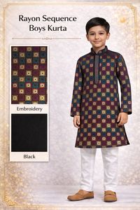 <b>Boys</b> Rayon Sequence <b>Kurta</b> Multicolor Checkered Embroidery Traditional Ethnic Wedding Wear Indian Clothing Regular Fit - Product Image 2