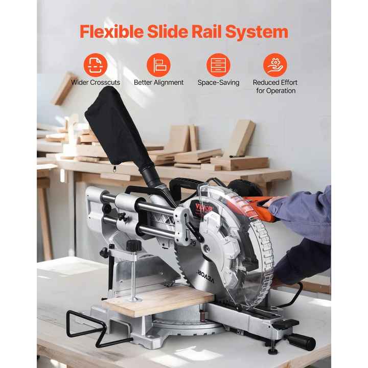 12-Inch Blade Corded Double Bevel 60-Tooth Compound Miter Saw 15 Amp Motor Wood Saw Machine with Sliding Feature