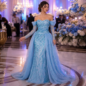 Vestido de Noche de Lujo Azul Hielo con Lentejuelas Estilo Sirena para Mujer, con Hombros Descubiertos, Manga Larga, Formal, para Fiesta de Graduación, Boda, Maxi Vestido con Cola - Product Image 4