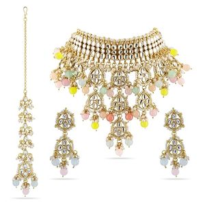 <b>Gold</b> Plated Alloy Kundan Necklace <b>Earrings</b> <b>Set</b> With Imitation Pearl Crystal Tassel Design Ethnic Wedding Jewelry For Women - Product Image 3