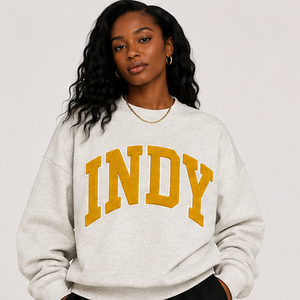 Sweat-shirt décontracté pour femme gris chiné à col ras du cou, avec appliqué lettres Gold Indy, épaules tombantes, manches longues, col montant - Product Image 1