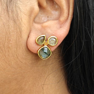 Boucles d'oreilles clous géométriques minimalistes en labradorite naturelle chatoyante, plaqué or 18 carats, bijoux fantaisie en gros pour femmes - Product Image 4