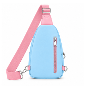 กระเป๋าหนัง PU สีฟ้าอ่อนชมพูแบบ Color Block ของชมรมนักเรียนหญิงแกมมา ฟิ เดลต้า สายสะพายปรับได้ ช่องใส่ของหลายช่อง ใช้ได้ทั้งแบบสะพายข้างและสะพายหลัง - Product Image 4
