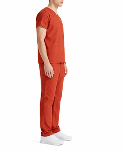 Unisex Red <b>Doctor</b> Scrub <b>Set</b> Rayon Woven V-Neck Short Sleeve Pants - Product Image 5