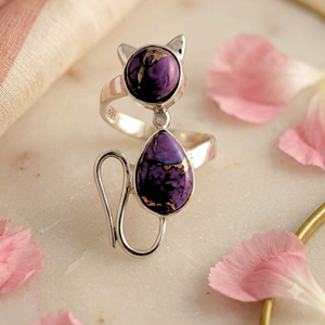 แหวนแมวสีม่วงเทอร์ควอยซ์ เงินแท้ 925 ประดับแบบ Bezel Setting สไตล์โบฮีเมียน ทำด้วยมือ สำหรับผู้หญิง สาวๆ ของขวัญวันเกิด วันครบรอบ วันแต่งงาน - Product Image 6