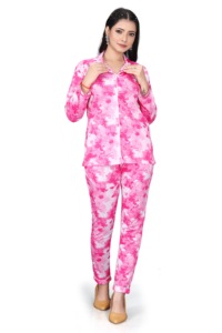 Ensemble coordonné femme en microfibre rose bébé, imprimé écologique, col rond, deux pièces, grandes tailles du S au 2XL, vente en gros - Product Image 2