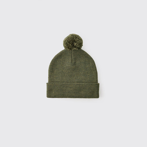 Classic Olive Green Knit Winter Beanie <b>Hat</b> Featuring a Matching <b>Top</b> Pom Pom and Foldover Cuff for Unisex Cold Weather Comfort - Product Image 1