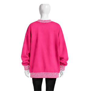 เสื้อสเวตเชิ้ตคอกลมโอเวอร์ไซส์สีชมพูสดสำหรับผู้ชาย แต่งขอบลายตารางกิงแฮม แขนยาว พิมพ์ลายกราฟิก สไตล์ลำลอง สตรีทแวร์ แฟชั่นท็อป - Product Image 2